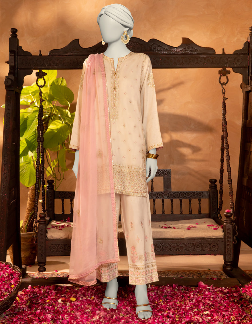 Raw Silk Off White Stitched Suit - J. Junaid Jamshed