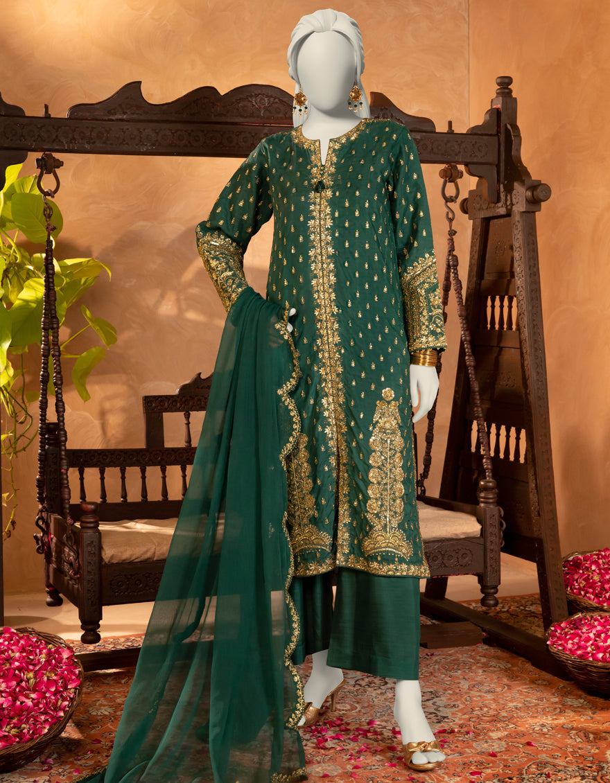 Raw Silk Green Stitched Suit - J. Junaid Jamshed
