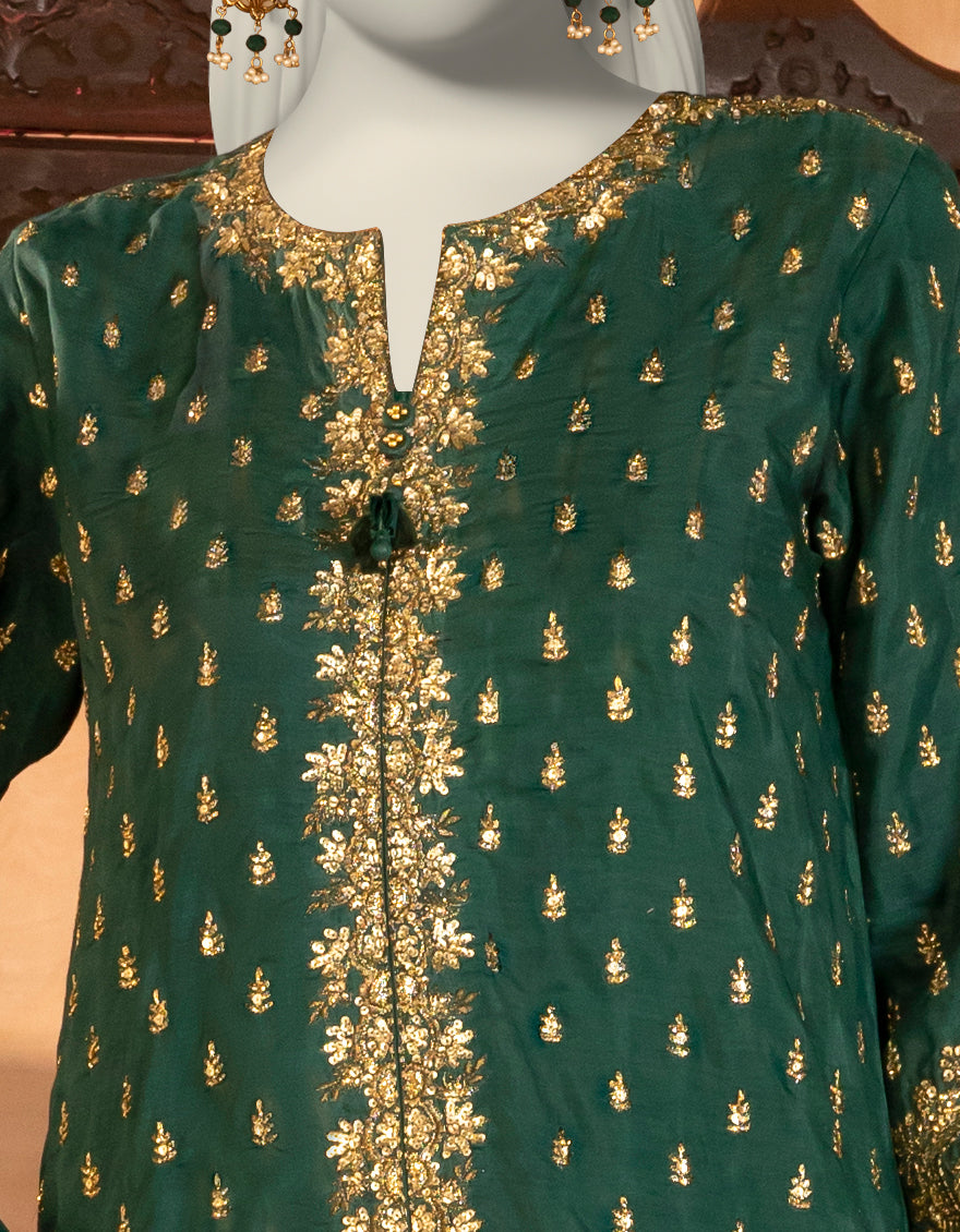 Raw Silk Green Stitched Suit - J. Junaid Jamshed