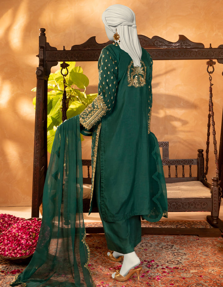Raw Silk Green Stitched Suit - J. Junaid Jamshed