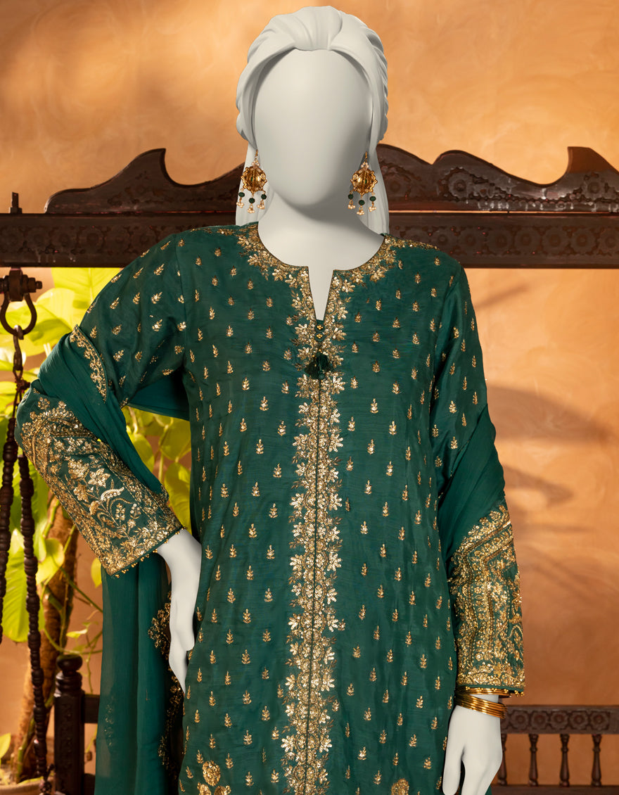 Raw Silk Green Stitched Suit - J. Junaid Jamshed