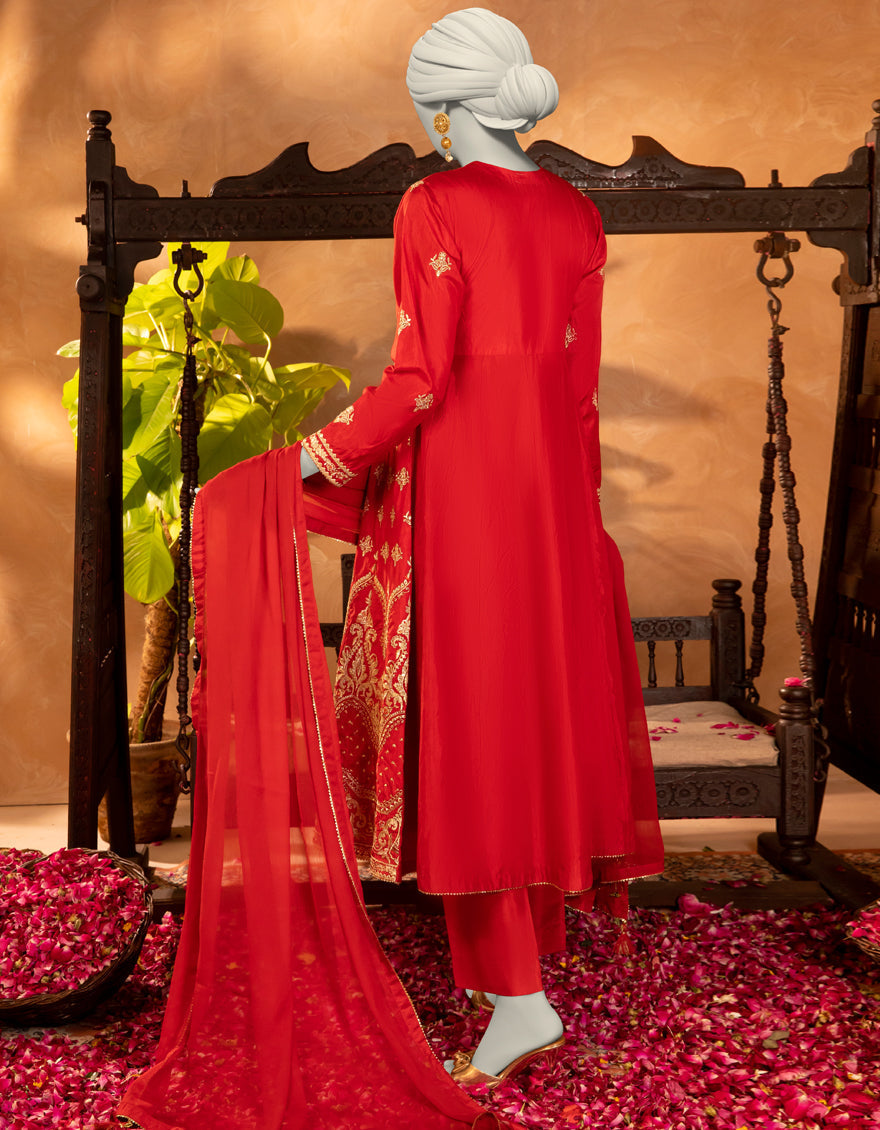 Raw Silk Red Stitched Suit - J. Junaid Jamshed