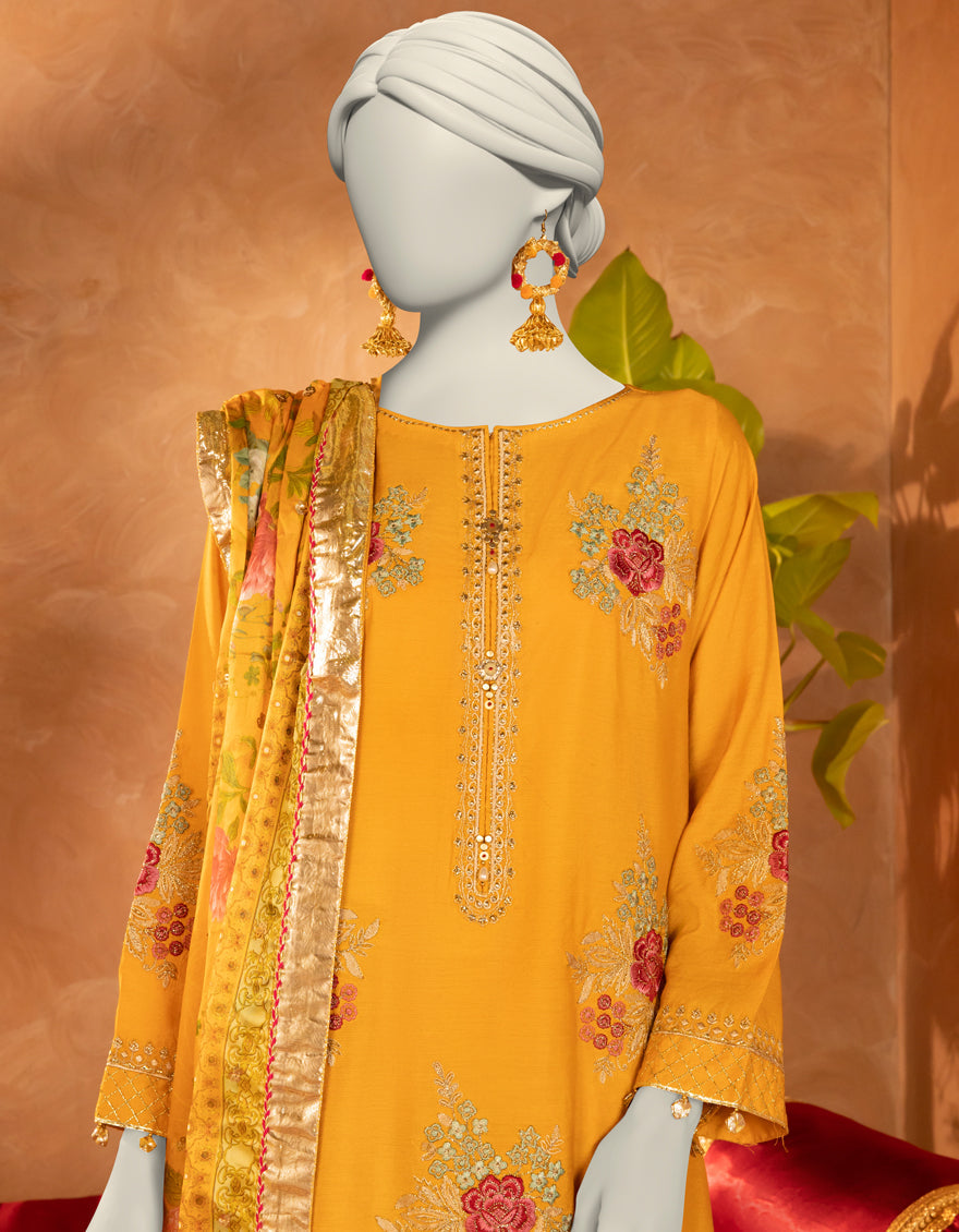 Cotton Silk Mustard Stitched Suit - J. Junaid Jamshed