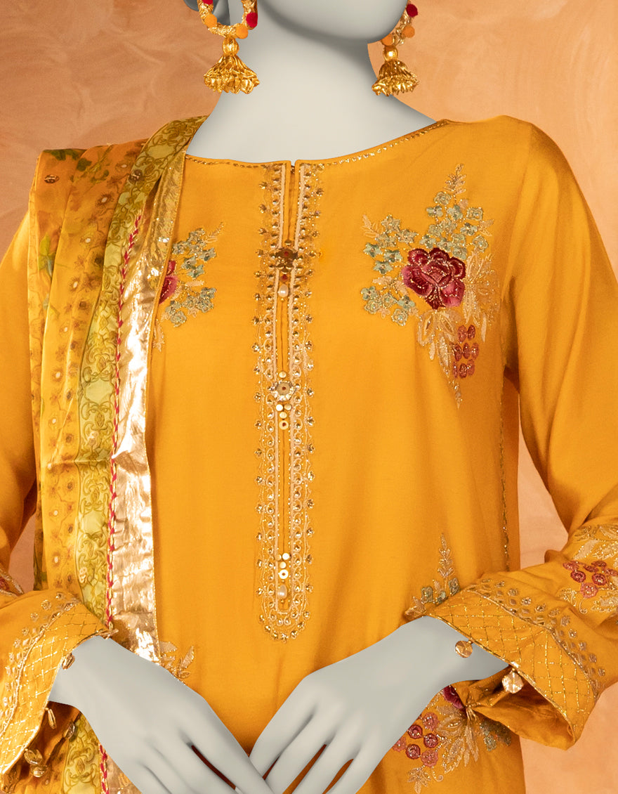 Cotton Silk Mustard Stitched Suit - J. Junaid Jamshed