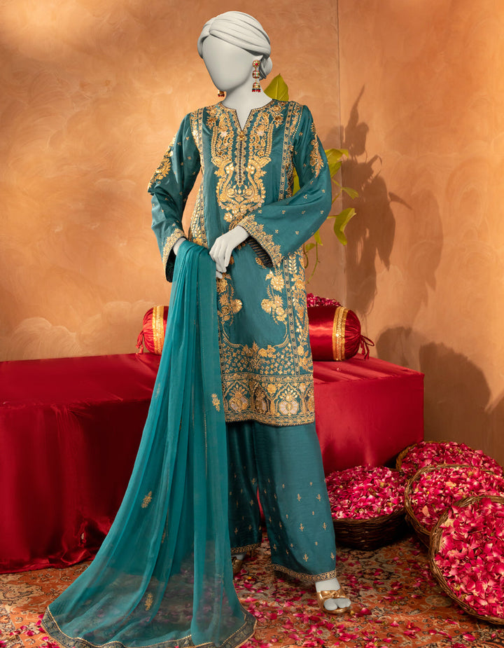 Raw Silk Green Stitched Suit - J. Junaid Jamshed