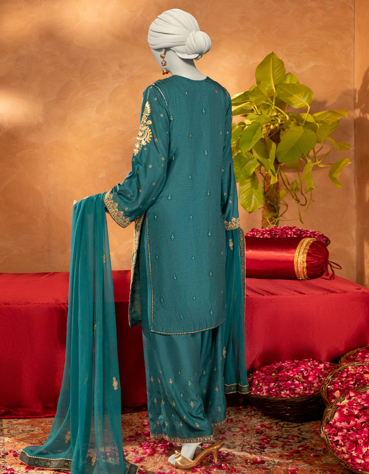 Raw Silk Green Stitched Suit - J. Junaid Jamshed