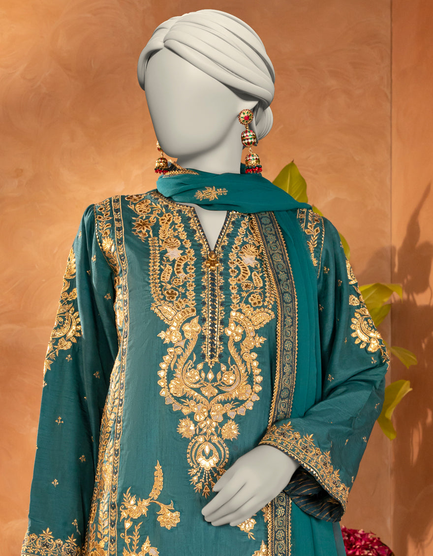 Raw Silk Green Stitched Suit - J. Junaid Jamshed