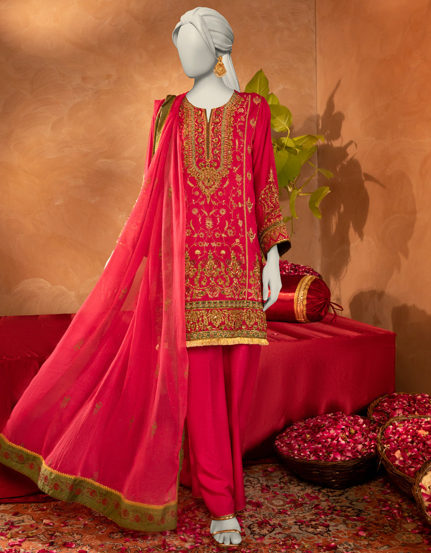 Raw Silk Pink Stitched Suit - J. Junaid Jamshed