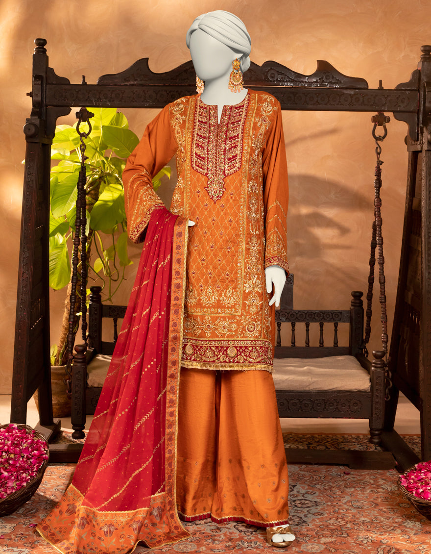 Raw Silk Red Stitched Suit - J. Junaid Jamshed