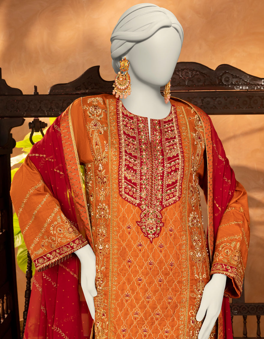 Raw Silk Red Stitched Suit - J. Junaid Jamshed