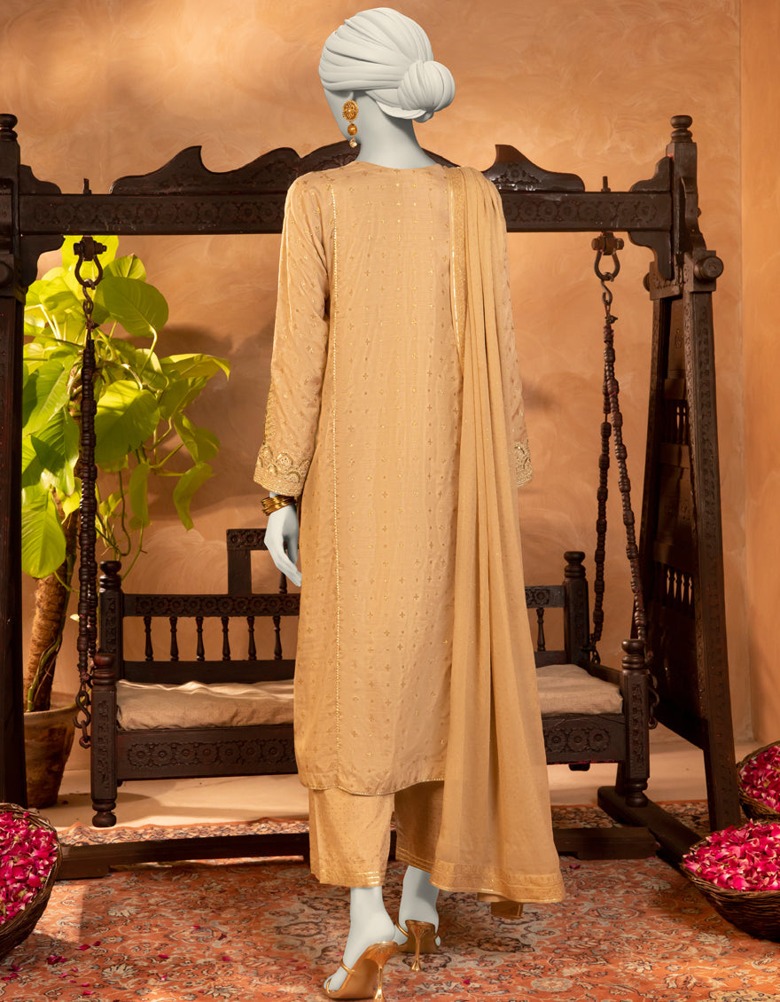 Raw Silk Beige Stitched Suit - J. Junaid Jamshed