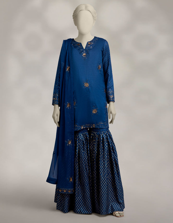 Raw Silk Blue Stitched Suit - J. Junaid Jamshed