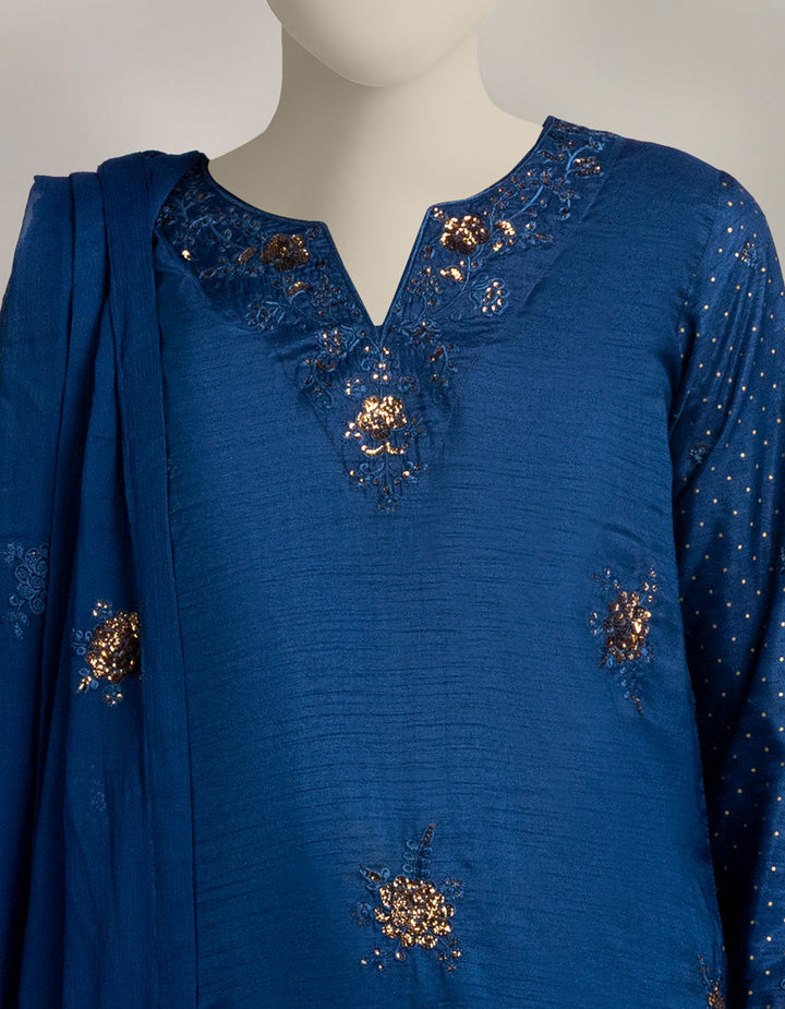 Raw Silk Blue Stitched Suit - J. Junaid Jamshed