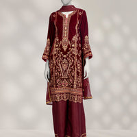 Velvet Maroon Stitched Suit - J. Junaid Jamshed