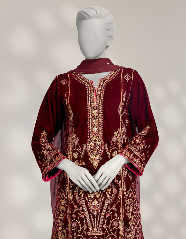 Velvet Maroon Stitched Suit - J. Junaid Jamshed