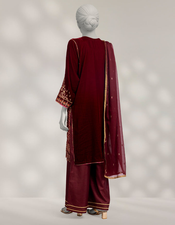 Velvet Maroon Stitched Suit - J. Junaid Jamshed