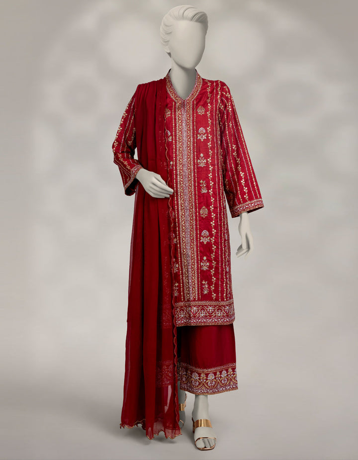 Raw Silk Maroon Stitched Suit - J. Junaid Jamshed