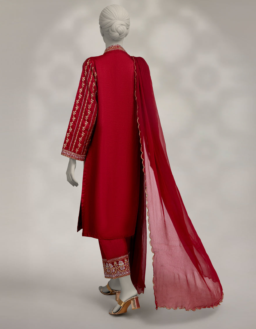 Raw Silk Maroon Stitched Suit - J. Junaid Jamshed