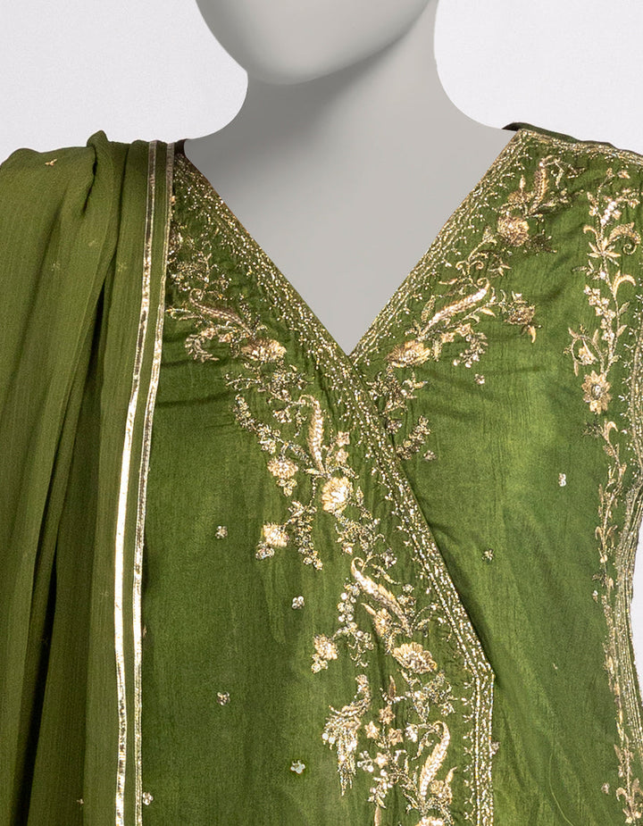 Raw Silk Mehndi Stitched Suit - J. Junaid Jamshed