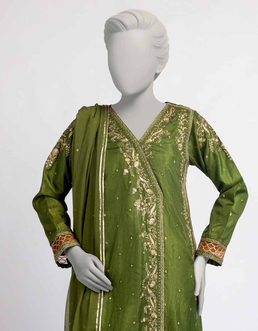 Raw Silk Mehndi Stitched Suit - J. Junaid Jamshed