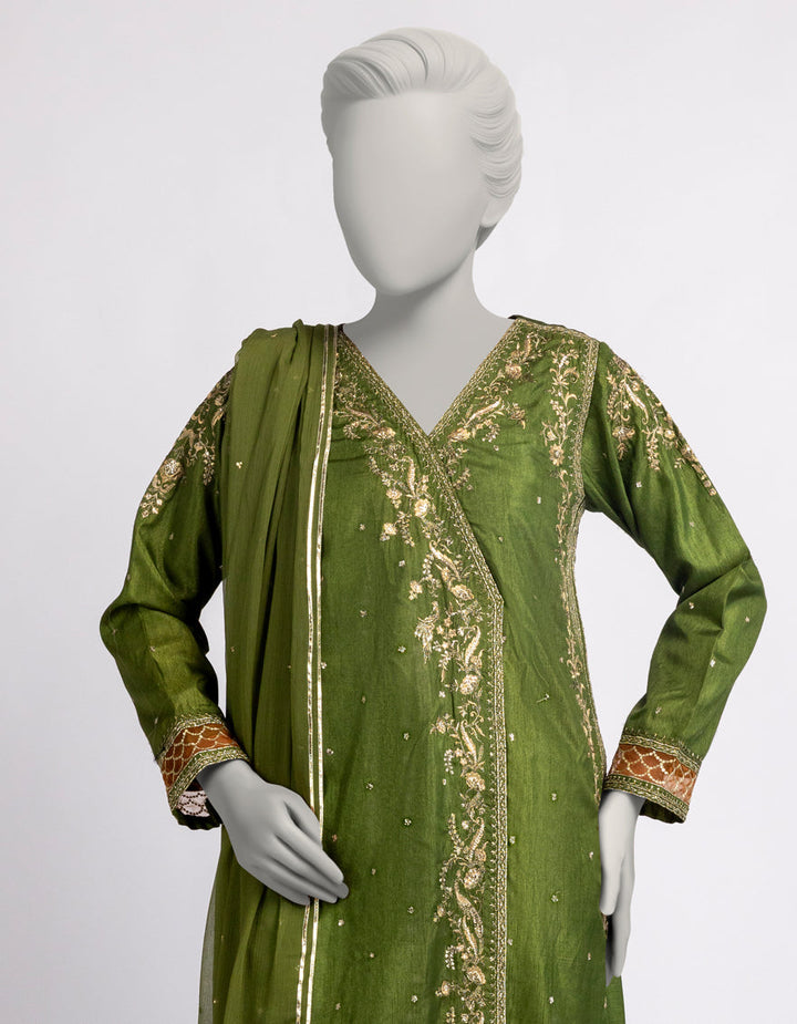 Raw Silk Mehndi Stitched Suit - J. Junaid Jamshed