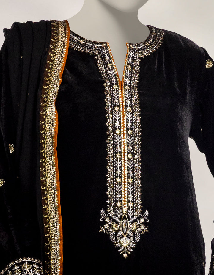 Velvet Black Stitched Suit - J. Junaid Jamshed