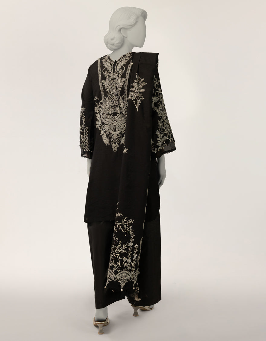 Raw Silk Black Stitched Suit - J. Junaid Jamshed