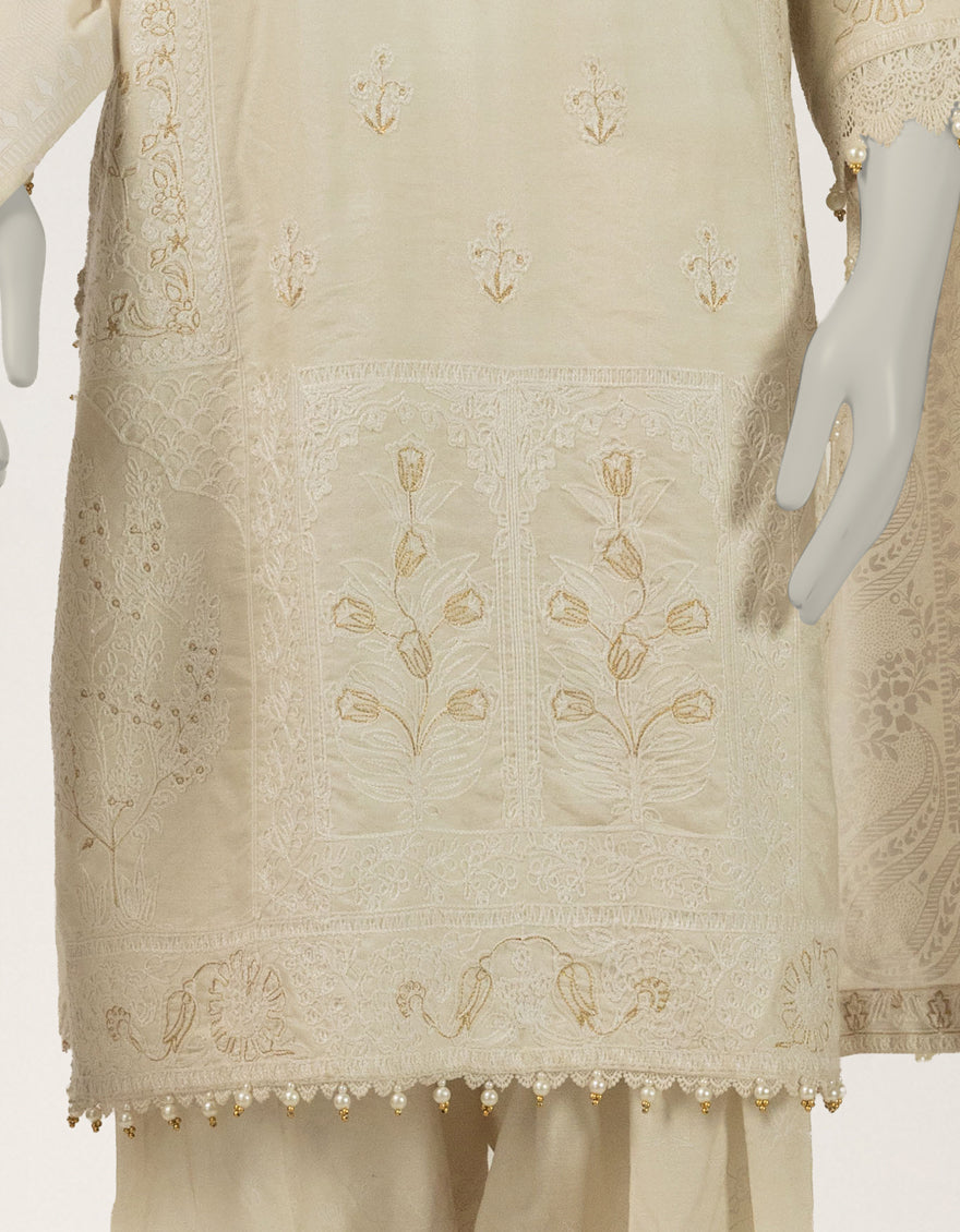 Raw Silk White Stitched Suit - J. Junaid Jamshed