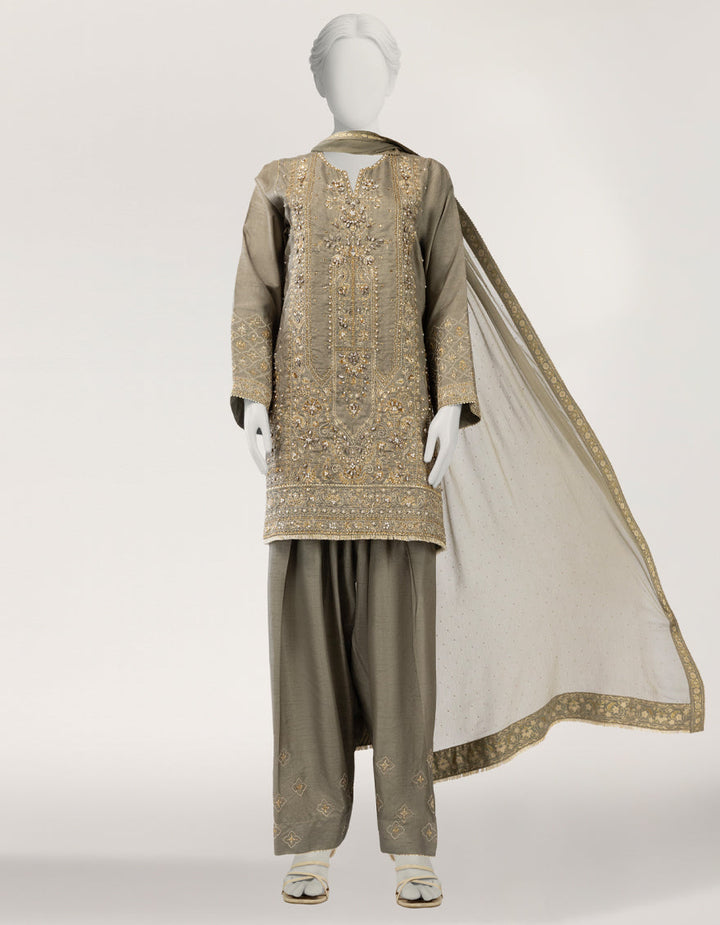 Raw Silk Lime Green Stitched Suit - J. Junaid Jamshed