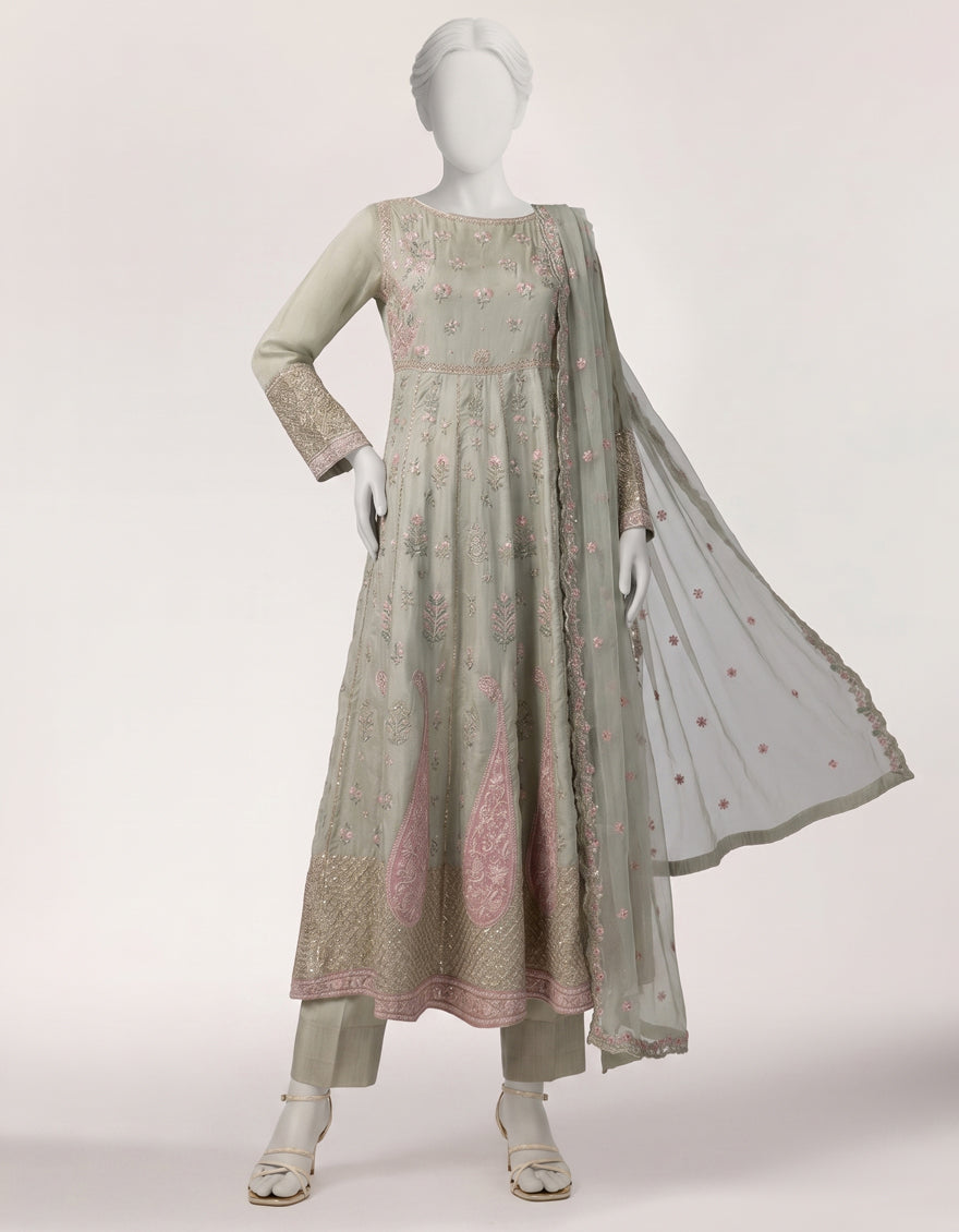 Raw Silk Green Stitched Suit - J. Junaid Jamshed