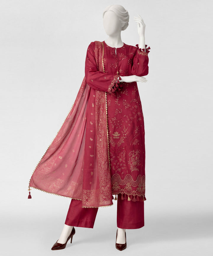Raw Silk Red Stitched Suit - J. Junaid Jamshed