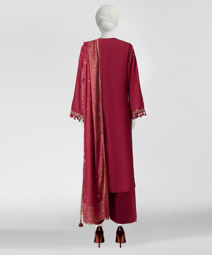 Raw Silk Red Stitched Suit - J. Junaid Jamshed