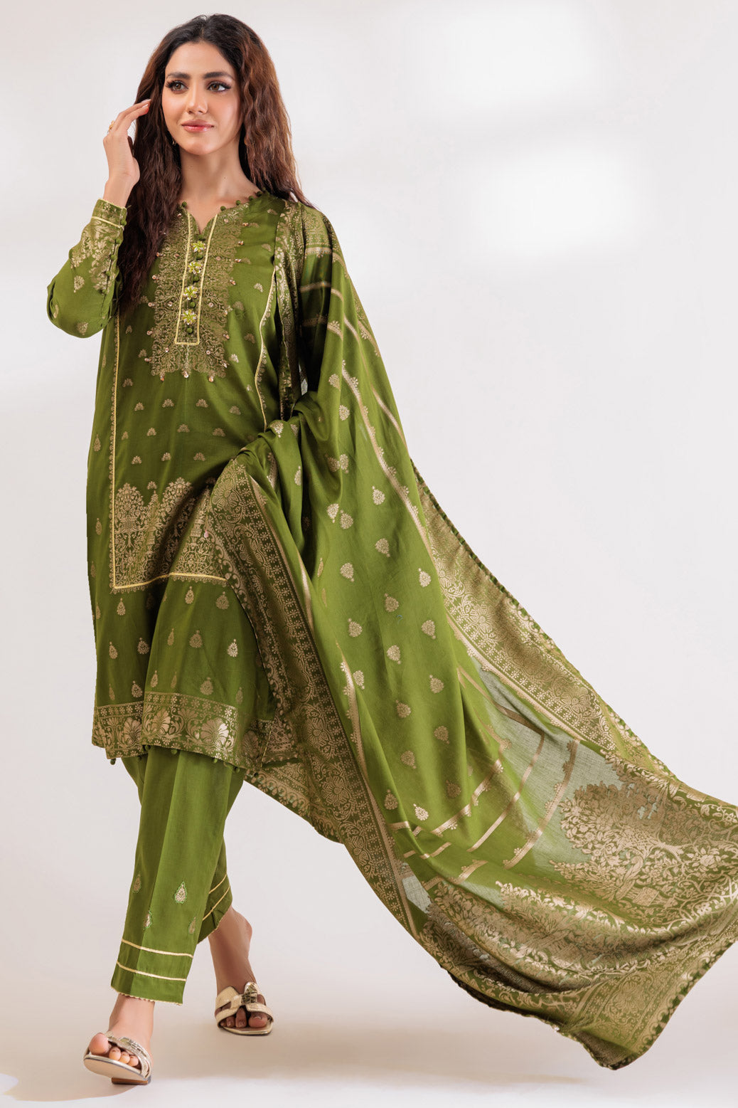 Jacquard Green 3 Piece Stitched Suit - Bonanza