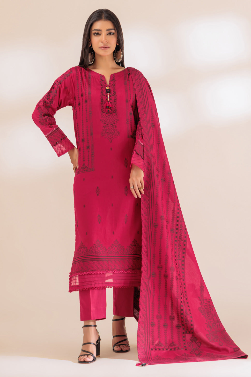 Jacquard Pink 3 Piece Stitched Suit - Bonanza