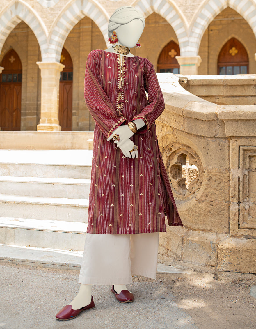 Cotton Jacquard Red Kurti - J. Junaid Jamshed