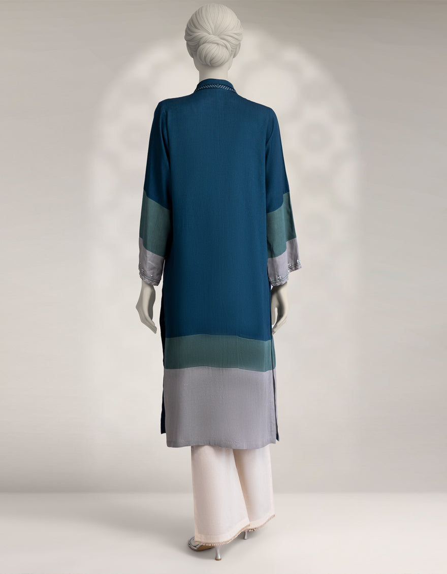 Khaddar Slub Blue Kurti - J. Junaid Jamshed