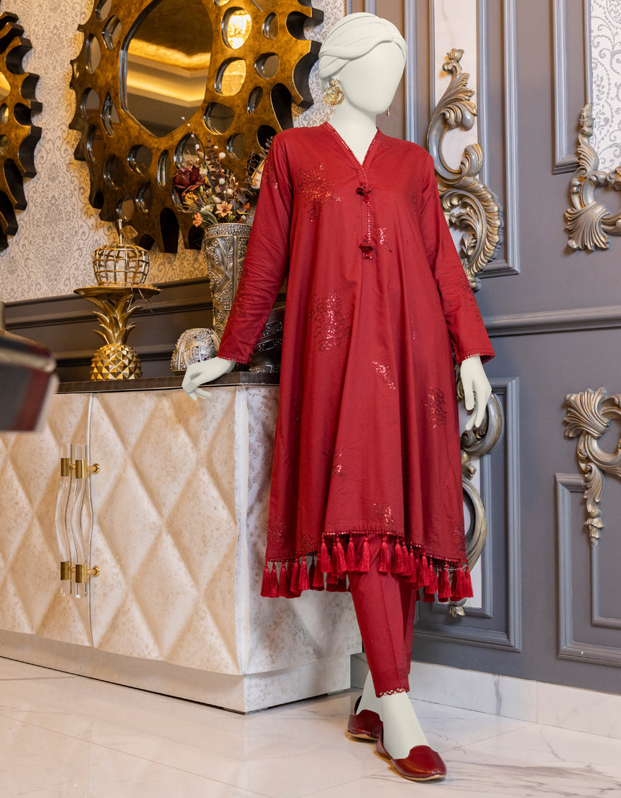 Cambric Red 2 Piece Unstitched Suit - J. Junaid Jamshed