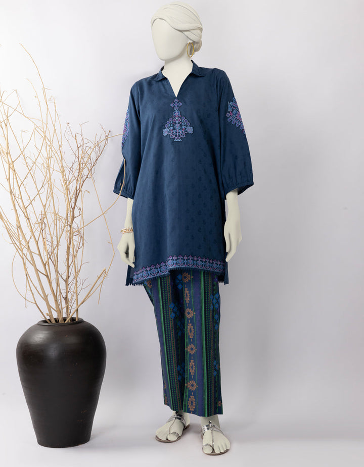 Dobby Blue Stitched Suit - J. Junaid Jamshed