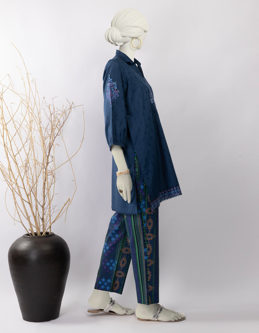 Dobby Blue Stitched Suit - J. Junaid Jamshed