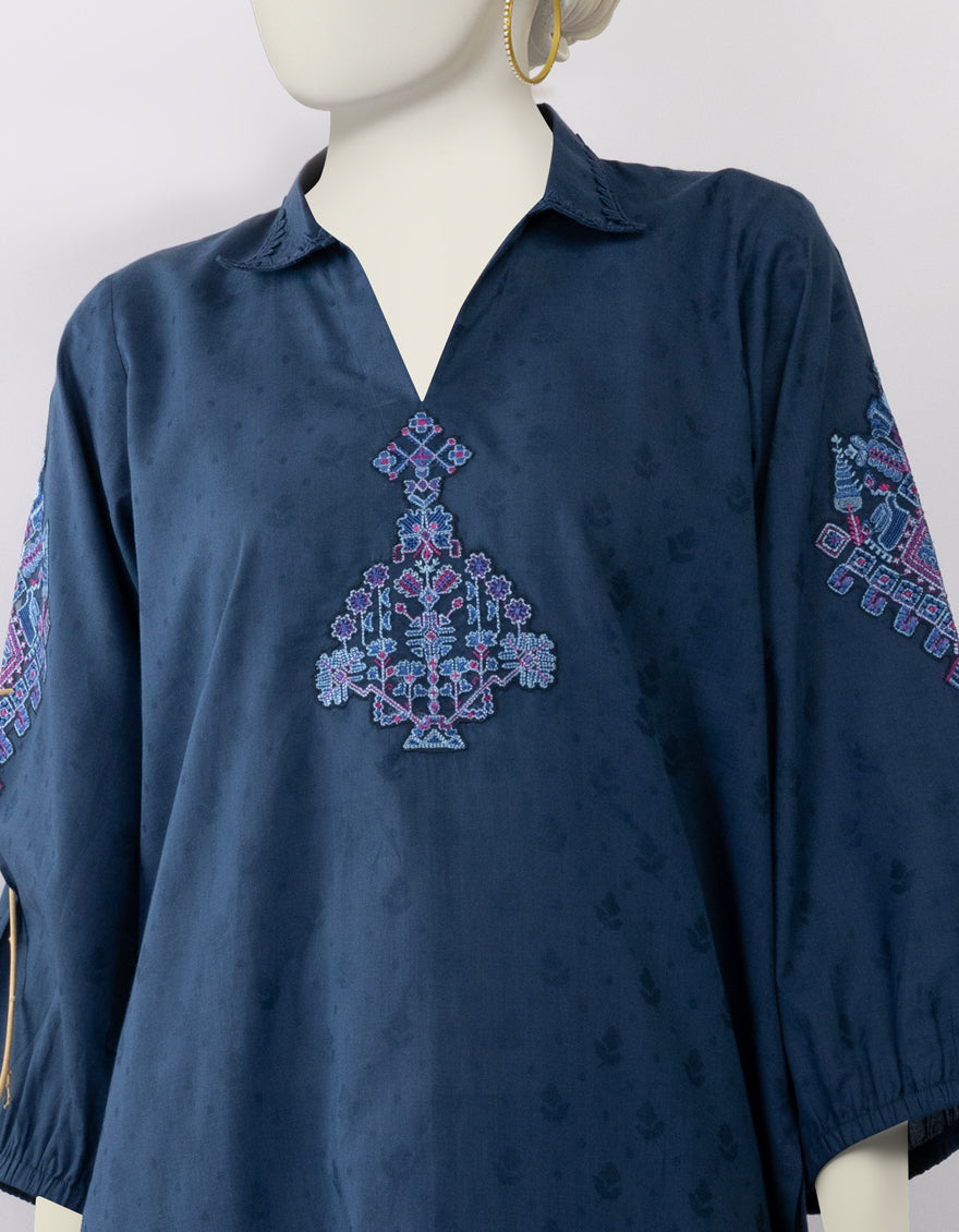 Dobby Blue Stitched Suit - J. Junaid Jamshed