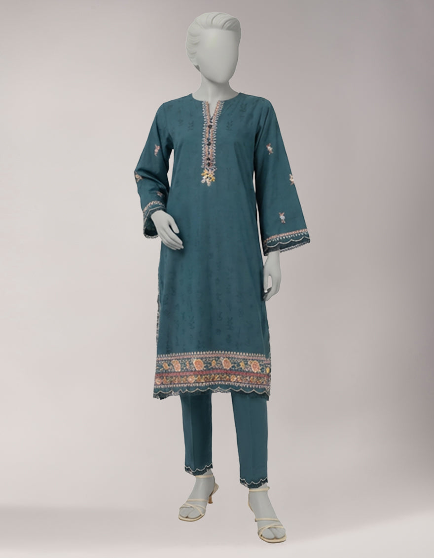 Textured Teal Unstitched Suit - J. Junaid Jamshed