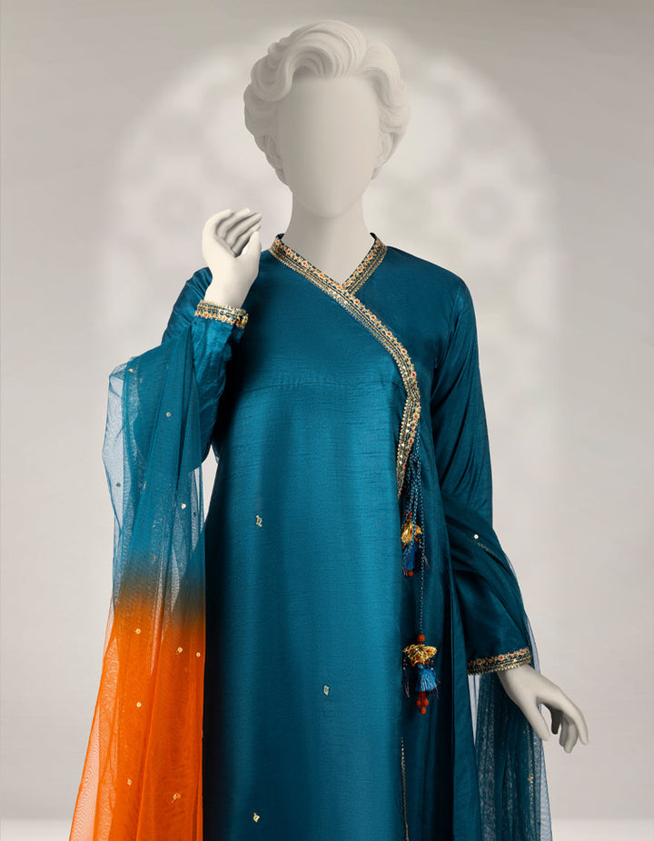 Raw Silk Teal Stitched Suit - J. Junaid Jamshed