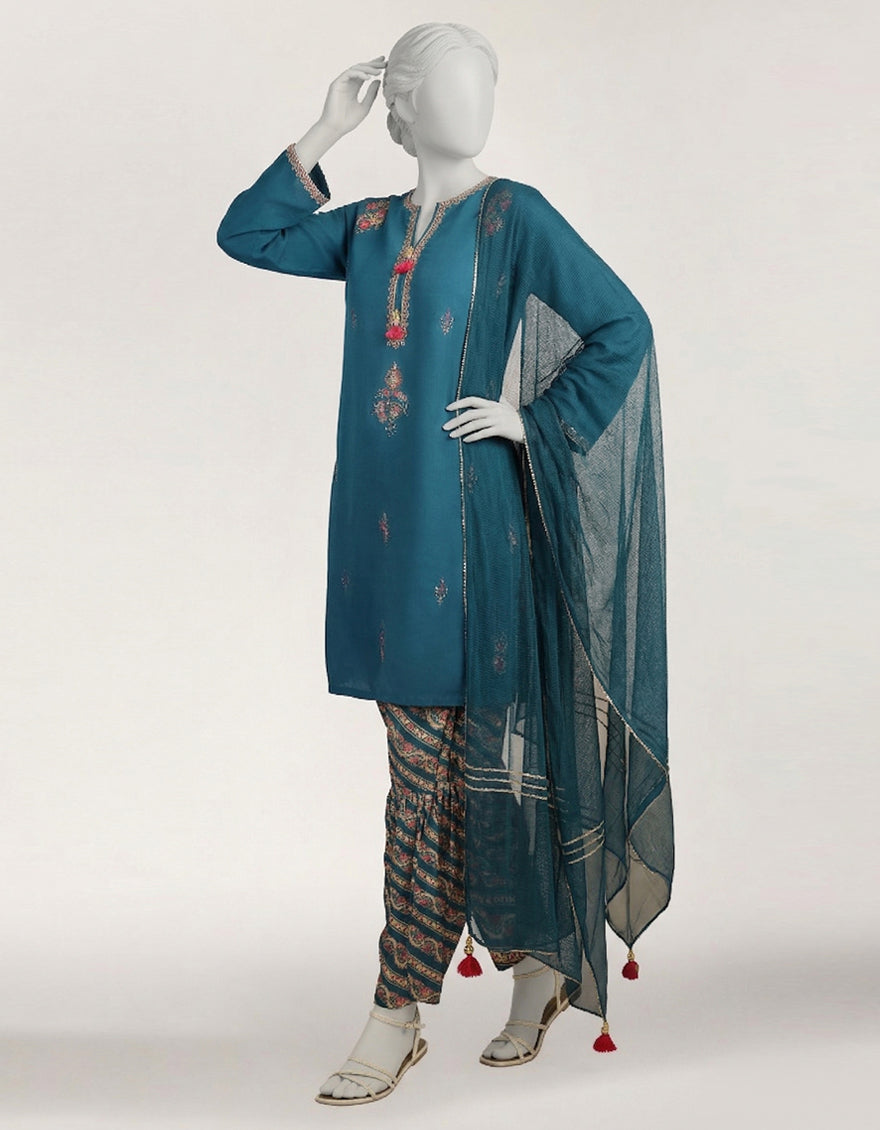 Dobby Teal Stitched Suit - J. Junaid Jamshed