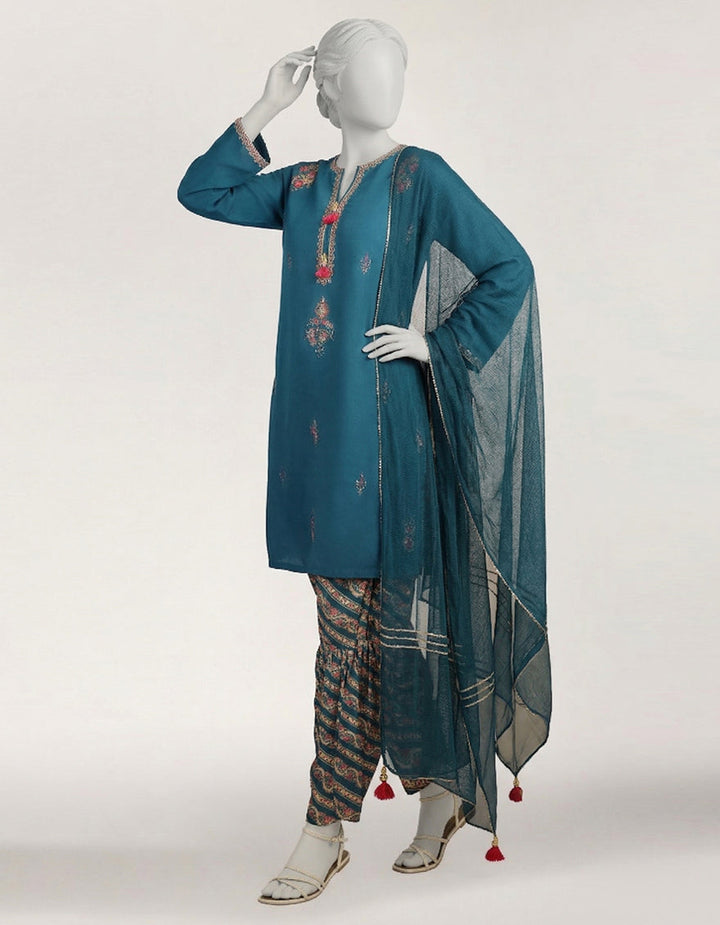 Dobby Teal Stitched Suit - J. Junaid Jamshed