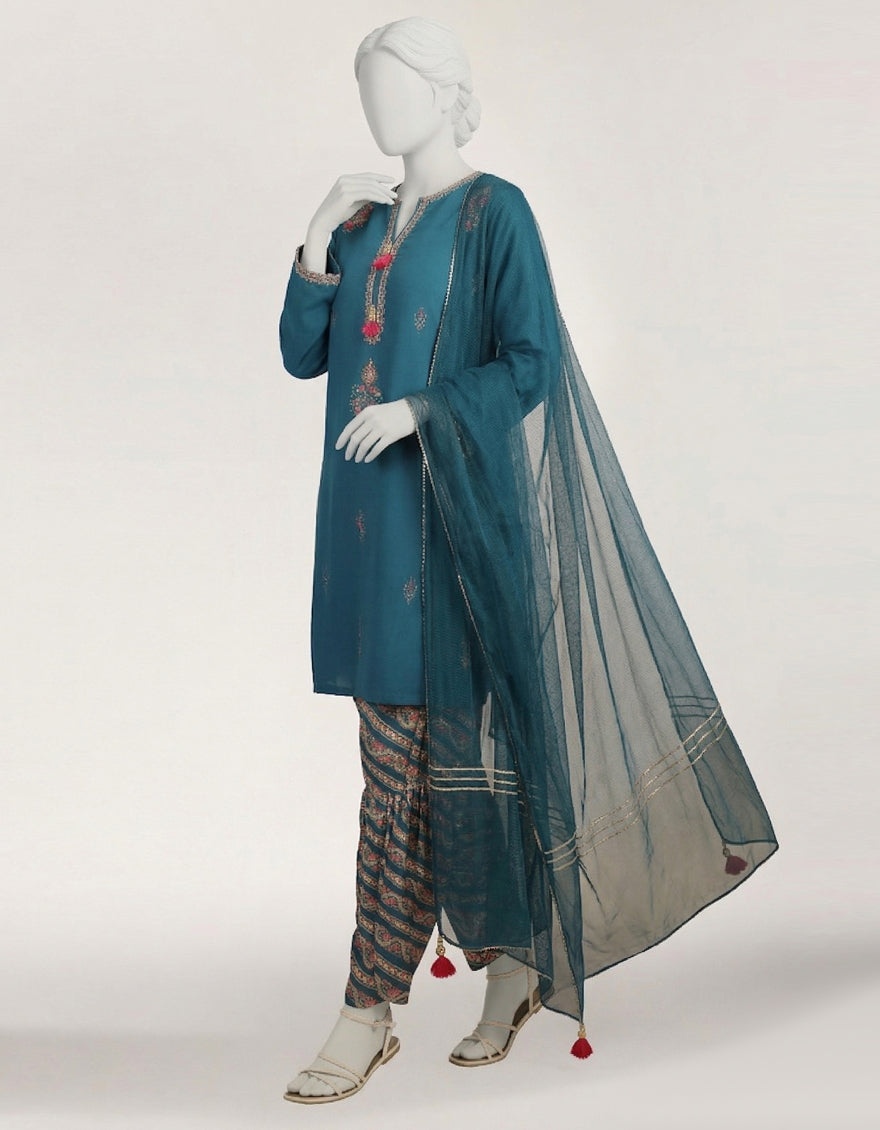 Dobby Teal Stitched Suit - J. Junaid Jamshed