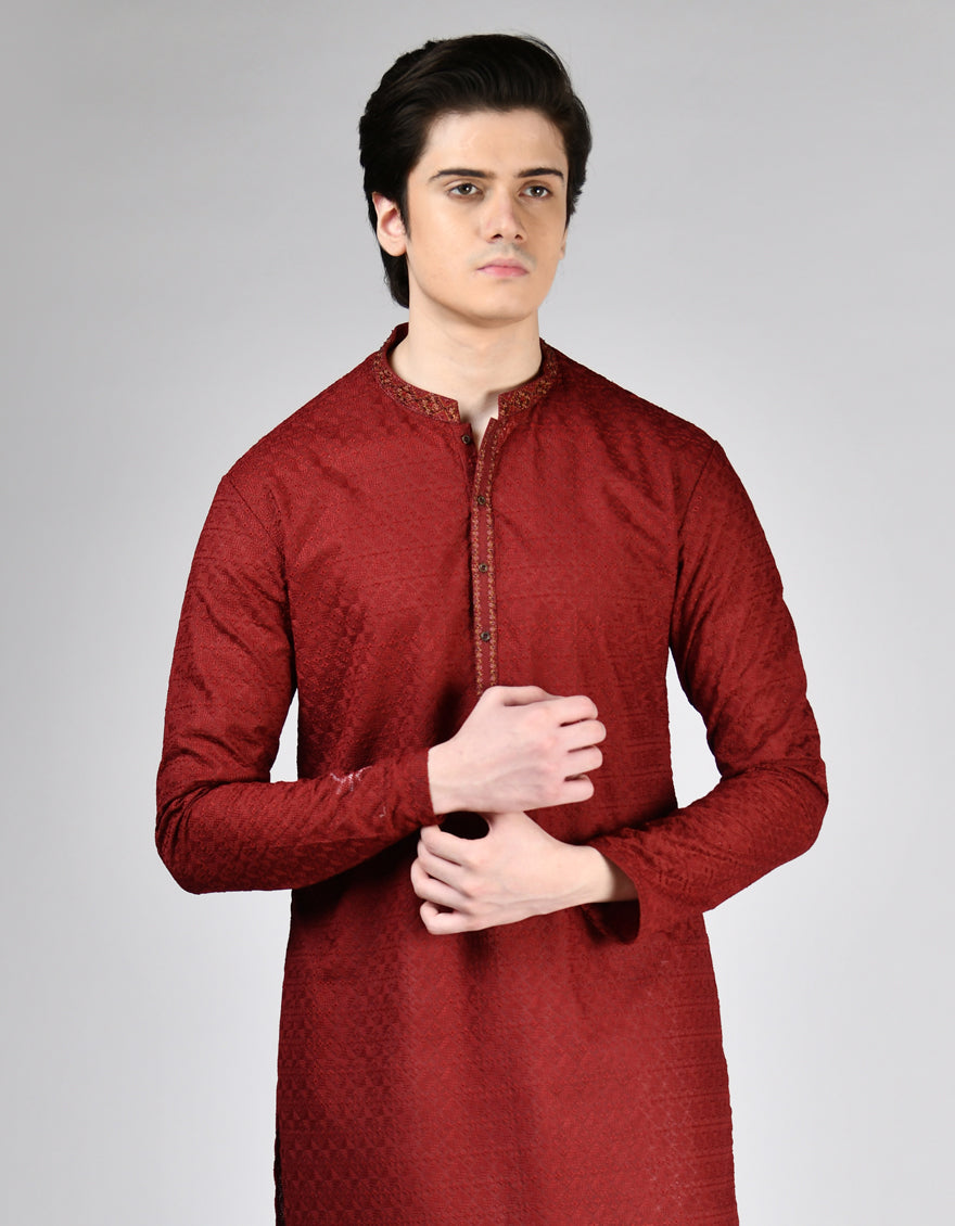Cotton Maroon Kurta - J. Junaid Jamshed