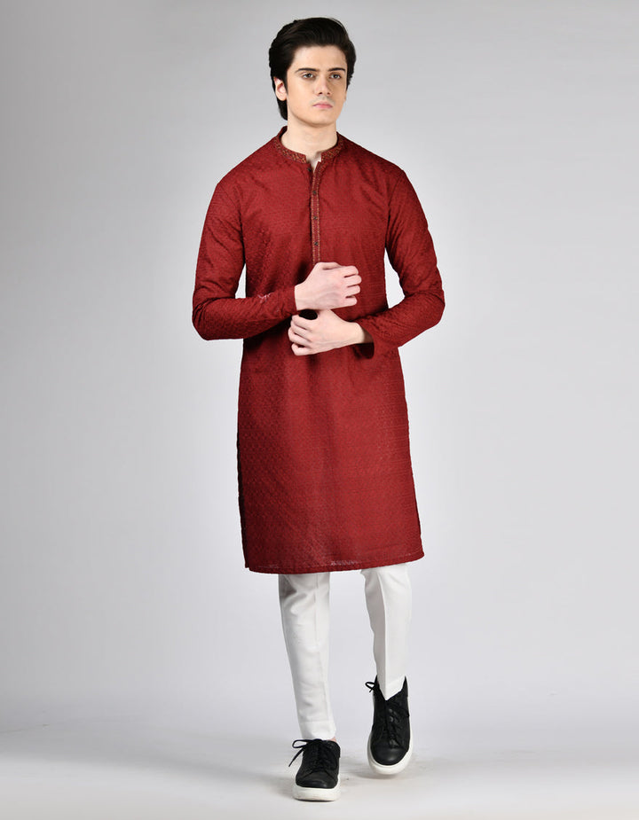 Cotton Maroon Kurta - J. Junaid Jamshed