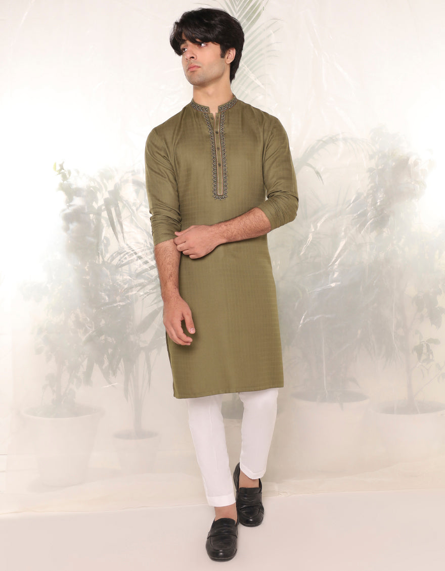 Cotton Mehndi Green Kurta - J. Junaid Jamshed