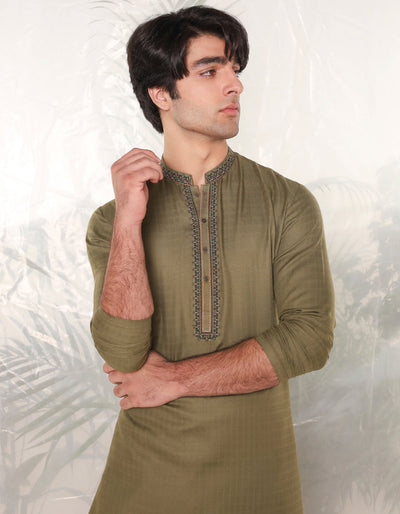 Cotton Mehndi Green Kurta - J. Junaid Jamshed