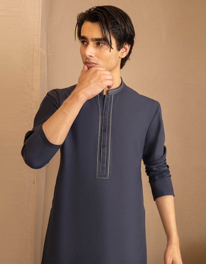 Blended Navy Blue Kurta - J. Junaid Jamshed